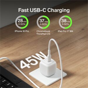 Belkin 45W Portable USB-C Wall Charger - 1xUSB-C (45W) - Fast Charge - Power Adapter - White - 45 W - White