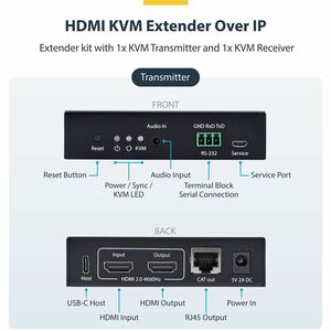 StarTech.com Extender KVM HDMI sur Réseau IP, 4K 60Hz, Sans Pilote, HDMI et USB sur Ethernet/CAT6, AVoIP, Kit Émetteur et 
