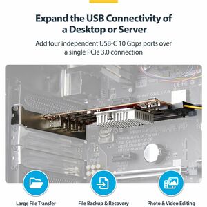 StarTech.com Carte PCIe USB-C 4 Ports, USB 3.2 10 Gbps, Carte d'Extension PCI Express USB-C, 4 Contrôleurs USB Indépendant