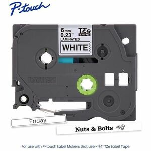 Brother Genuine P-touch TZe211 BK on WHT Label Tape, Laminated, 6mmX8m - x 15/64" (6 mm) Width - White - Polyethylene Tere