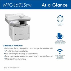 Impresora Láser Multifunción Brother MFC-L6915DW Inalámbrico - Monocromo - Copiadora/Fax/Impresora/Escáner - 52 ppm de imp