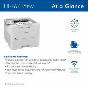 Impresora Láser Inalámbrico De Escritorio Brother HL-L6415DW - Monocromo - 52 ppm de impresión monocolor - 1200 x 1200 dpi