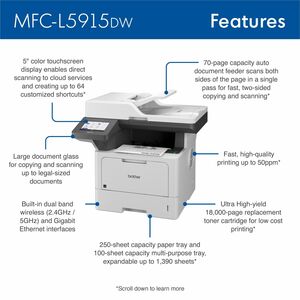 Brother MFCL5915DW Laser Multifunction Printer - Monochrome - 50 ppm Mono Print - 1200 x 1200 dpi Print - Automatic Duplex