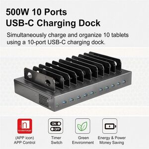 4XEM 10-Port USB-C Desktop Charging Station - 500W Total, 45W Fast Charging per Port - 500 W - 4.90 ft Cable - 120 V AC, 2