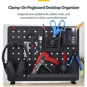 StarTech.com Clamp-On Pegboard with Accessories, 16.5x12.5in, Steel Peg Board, Desktop Storage Organizer, Black - Streamli