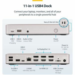 StarTech.com Triple-Monitor USB4 Docking Station, 4K 60Hz HDMI or DisplayPort, 6x USB Hub, 2.5GbE, 100W Charging, Driverle