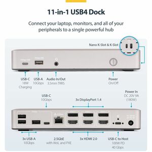 StarTech.com USB-C-Dockingstation(USB4), 3x 4K60Hz-Monitore DP oder HDMI, 100W Laptop-Ladung, 2,5GbE, Notebook Dock, TB4, 