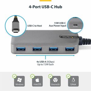 StarTech.com USB Hub - USB 3.2 (Gen 1) Type C - 640 MB/s - Desktop, Notebook, Flash Drive - Portable - Space Gray - UASP S