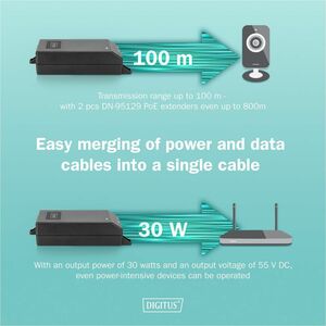 Assmann PoE+-Injektor - 120 V AC, 230 V AC Eingang - 1 x RJ-45 Eingangsport(s) - 1 x RJ-45 Ausgangsport(s) - 30 W - Schwarz