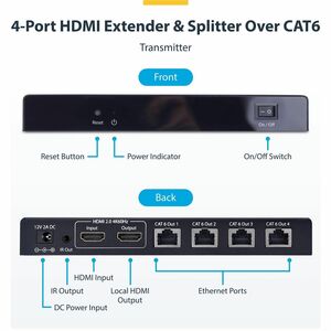 StarTech.com 4-Port HDMI Extender und Splitter über CAT6, 4K 60Hz, bis 70m, 1x4 HDMI über Netzwerkkabel-LAN Kabel Verteile