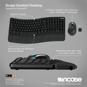 Incase Designed by Microsoft Sculpt Comfort Desktop Keyboard & Mouse - USB Wireless RF 2.40 GHz Keyboard - USB Wireless RF
