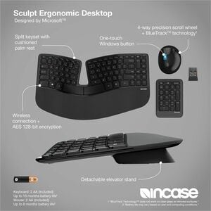 Incase Designed by Microsoft Sculpt Ergonomic Desktop Keyboard & Mouse - Wireless Keyboard - Wireless Mouse - BlueTrack - 