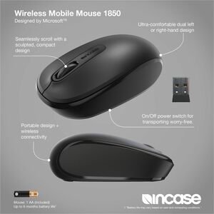 Incase Designed by Microsoft 1850 Mouse - Black - Wireless - Scroll Wheel - Symmetrical - 1 x AA Battery Supported
