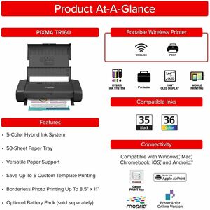 Canon PIXMA TR160 Portable Wired/Wireless Inkjet Printer - Colour - 4800 x 1200 dpi Print - 50 Sheets Input - Wireless LAN
