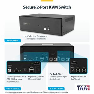 StarTech Secure 2-Port KVM Switch, DisplayPort, 4K 60Hz, NIAP 4.0 Desktop KVM, CAC, Metal Housing, Made in the USA - Secur