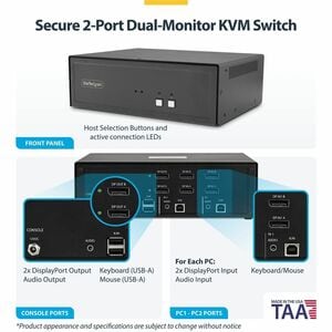 StarTech Secure 2-Port Dual-Monitor KVM Switch, DisplayPort, 4K 60Hz, NIAP 4.0 Desktop KVM, Metal Housing, Made in the USA