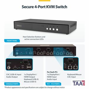 StarTech Secure 4-Port KVM Switch, HDMI or DisplayPort, 4K 60Hz, NIAP 4.0, CAC, Made in the USA - Securely control four HD