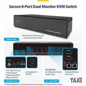 StarTech Secure 8-Port Dual-Monitor KVM Switch, DisplayPort, 4K 60Hz, NIAP 4.0 Desktop KVM, CAC, Metal Housing, Made in th