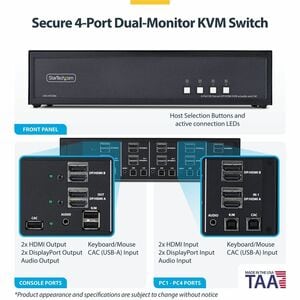 StarTech Secure 4-Port Dual-Monitor KVM Switch, HDMI or DisplayPort, 4K 60Hz, NIAP 4.0, CAC, Made in the USA - Securely co