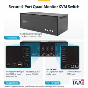 StarTech Secure 4-Port Quad-Monitor KVM Switch, DisplayPort, 4K 60Hz, NIAP 4.0 Desktop KVM, CAC, Metal Housing, Made in th
