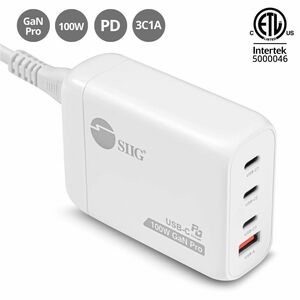 SIIG 100W GaN PD Combo Charger - 3C1A - 100W GaN PD Combo Power Charger - 3C1A - USB-C Charging Station - Portable USB Typ