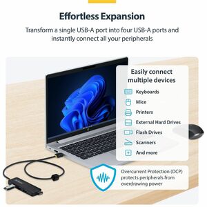 StarTech.com 4-Port USB-A Hub, 5Gbps, Bus Powered, USB-A to 4x USB-A Mini Hub, Extra Long 2ft/61cm Host Cable, 70% PCR Pla