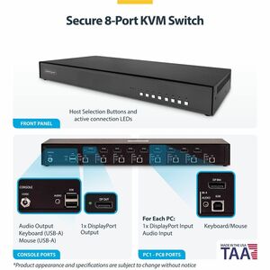 StarTech Secure 8-Port KVM Switch, DisplayPort, 4K 60Hz, NIAP 4.0 Desktop KVM, Metal Housing, Made in the USA - Securely c