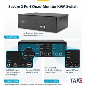 StarTech.com Analog KVM Switchbox - TAA Compliant - 4 Computer(s) - 4K - 3840 x 2160 - 7 x USB - USB 2.0 - 4 x HDMI - 4 x 