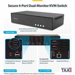 StarTech Secure 4-Port Dual-Monitor KVM Switch, DisplayPort, 4K 60Hz, NIAP 4.0 Desktop KVM, Metal Housing, Made in the USA