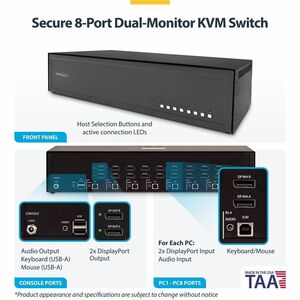 StarTech Secure 8-Port Dual-Monitor KVM Switch, DisplayPort, 4K 60Hz, NIAP 4.0 Desktop KVM, Metal Housing, Made in the USA