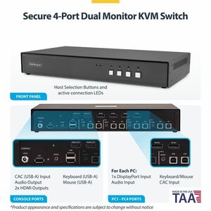 StarTech Secure 4-Port Dual-Monitor KVM Switch, 1x DP In to 2x HDMI Out, 4K 60Hz, NIAP 4.0, CAC, Metal Housing, Made in th