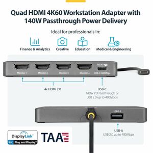 StarTech.com USB-C to Quad-Monitor Workstation Adapter, 4K 60Hz HDMI, 140W PD Passthrough for Laptop Charging, 1x USB 2.0 