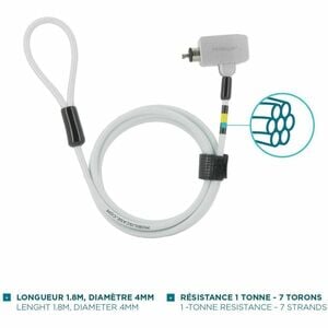 Câble de verrouillage MOBILIS Pour Ordinateur Portable - 180 cm (70,87") Câble - Fermeture à clé - Blanc - Acier - Pour Or