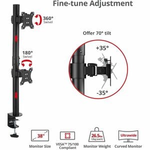 SIIG Dual 38" Stack Monitor Pole Mount - Black - Fits 13-38" Screens, up to 26.5 lbs each - Height Adjustable - 2 Display(