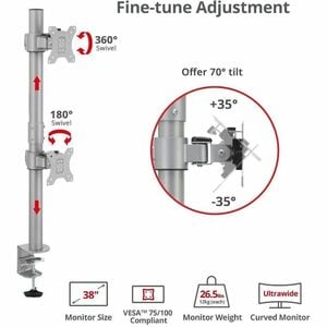 SIIG Dual 38" Stack Monitor Pole Mount - Gray - Fits 13-38" Screens, up to 26.5 lbs each - Height Adjustable - 2 Display(s