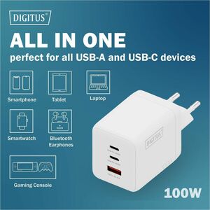 Digitus 100 W AC Adapter - Universal Adapter - 2 USB Type-C - For Smartphone, Tablet, Earphone, USB Type A Device, USB Typ