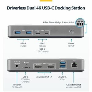 StarTech.com Docking station USB-C Dual Monitor, DisplayPort, 4K 60Hz, Ricarica laptop 100W, 1GbE, Dock Multimonitor Drive