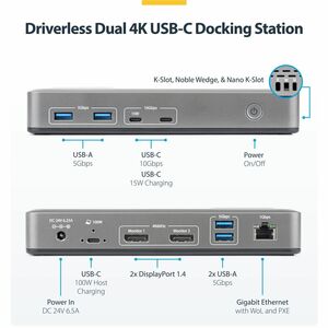 StarTech.com USB 3.2 (Gen. 2) Typ C Docking Station für Notebook, Monitor, Computer - Ladefunktion - 150 W - Grau - 2 Unte