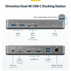StarTech.com USB-C Dockingstation, Dual 4K 60Hz HDMI MST Dock, 100W Power Delivery Laptop-Ladung, 1GbE, treiberlos, Window