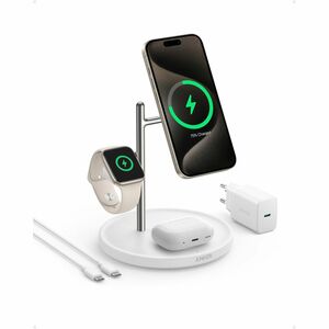 Caricatore a induzione ANKER MagGo A25M3 - Bianco, Argento - Per Dispositivo abilitato Qi2, iPhone, Smartwatch, AirPod, Ea