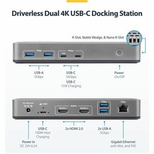 StarTech.com USB 3.2 (Gen 2) Type C Docking Station for Notebook, Monitor, Computer - Charging Capability - 150 W - Space 