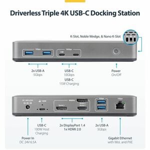 StarTech Triple-Monitor USB-C Docking Station, DP / HDMI, 4K 60Hz, 100W Laptop Charging, 1GbE, Driverless, Multi-Monitor D