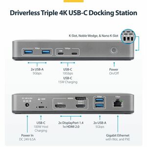 StarTech.com Docking station USB-C Triple Monitor, DP/HDMI, 4K 60Hz, Ricarica laptop 100W, 1GbE, Dock Multimonitor Driverl