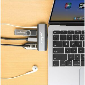Manhattan USB-C Travel Dock/Hub, Ports (x4): HDMI, USB-A, USB-C and 3.5mm audio, With Power Delivery (100W) to USB-C Port,