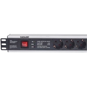 19" 1.5U Rackmount 6-Way Power Strip - German Type" , With On/Off Switch and Surge Protection, 3m Power Cord (2 PIN EURO P