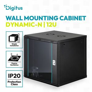 Digitus Dynamic-N 12U Wandmontierbar Geschlossener Schrank Rackschrank für Networking, Server - Schwarz - Stahl, Glas, Ble