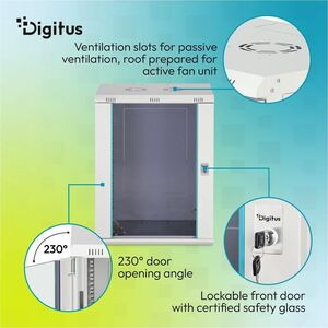 Digitus Dynamic-N 16U Wall Mountable Enclosed Cabinet Rack Cabinet for Networking, Server - Light Grey - Steel, Glass, She
