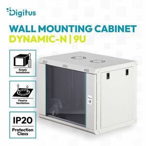 Digitus Dynamic-N 9U Wandmontierbar Geschlossener Schrank Rackschrank für Networking, Server - Hellgrau - Stahl, Glas, Ble