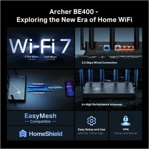 TP-Link Archer BE400 Wi-Fi 7 IEEE 802.11be Ethernet Wireless Router - Dual Band - 2.40 GHz ISM Band - 5 GHz UNII Band - 6 