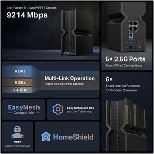 TP-Link Archer BE9300 Wi-Fi 7  Wireless Router - Tri Band - 2.40 GHz ISM Band - 5 GHz UNII Band - 4 x Network Port - 1 x B